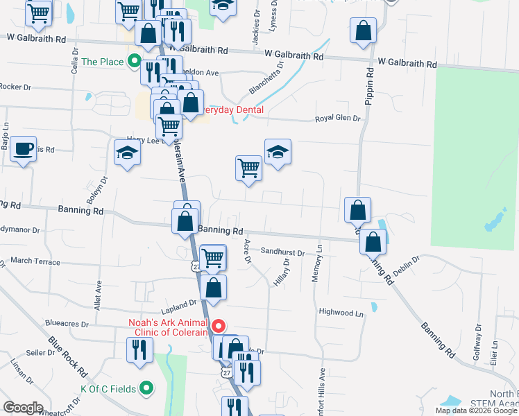 map of restaurants, bars, coffee shops, grocery stores, and more near 2836 Banning Road in Cincinnati