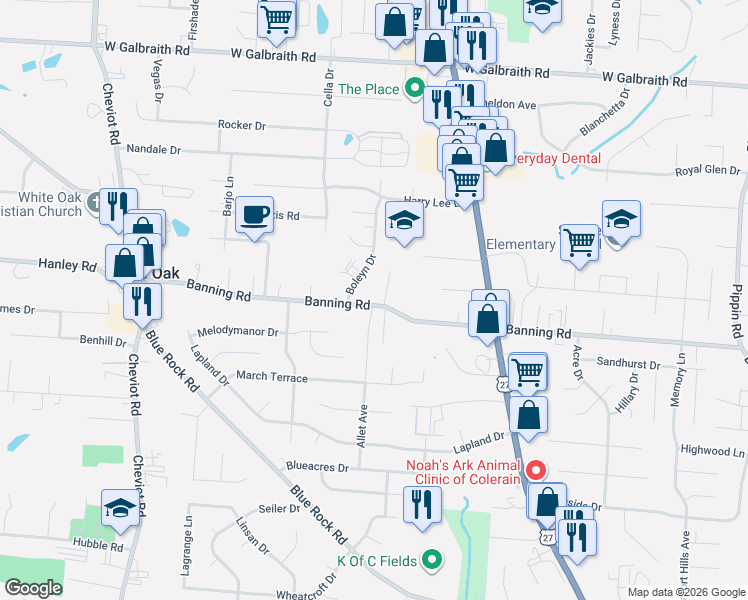 map of restaurants, bars, coffee shops, grocery stores, and more near 7048 Allet Avenue in Cincinnati
