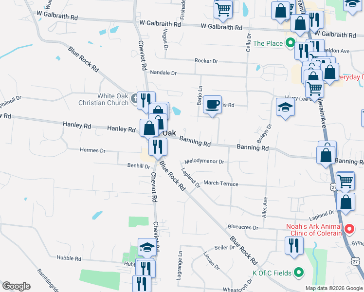 map of restaurants, bars, coffee shops, grocery stores, and more near 3486 Melodymanor Drive in Cincinnati