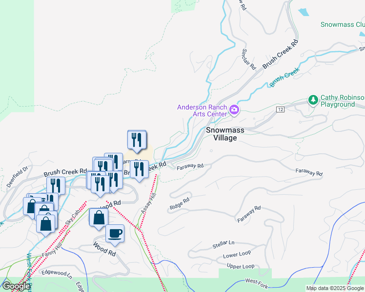 map of restaurants, bars, coffee shops, grocery stores, and more near Brush Creek Road in Aspen