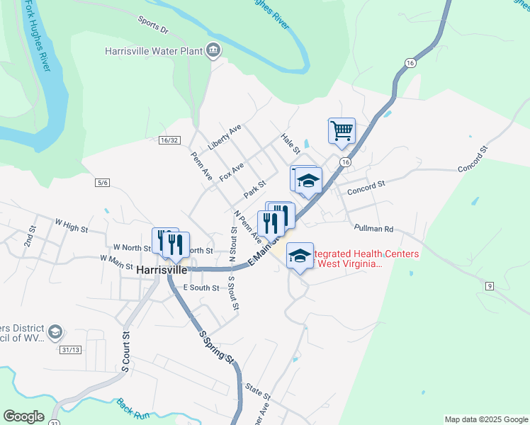 map of restaurants, bars, coffee shops, grocery stores, and more near 915 E Main St in Harrisville