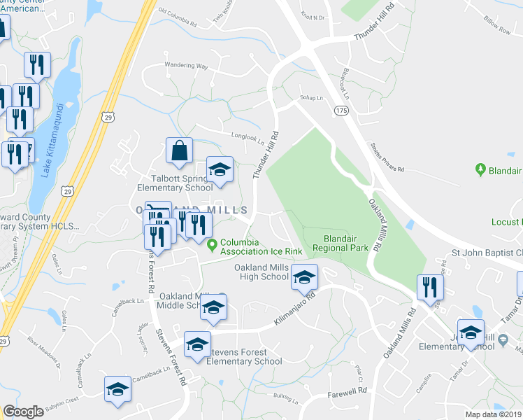 map of restaurants, bars, coffee shops, grocery stores, and more near 9496 Timesweep Lane in Columbia