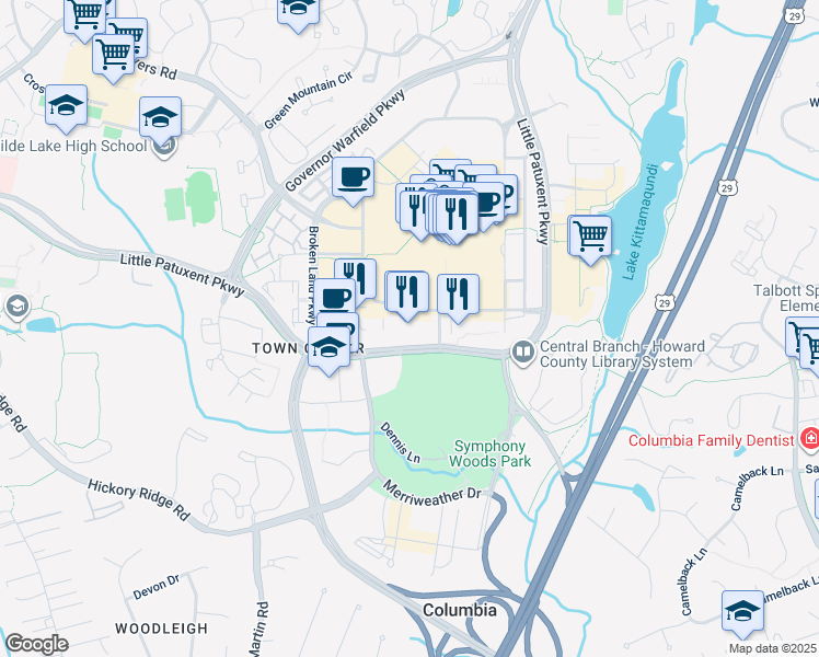 map of restaurants, bars, coffee shops, grocery stores, and more near 10480 Little Patuxent Parkway in Columbia