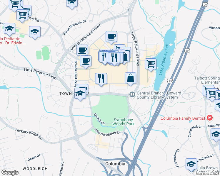 map of restaurants, bars, coffee shops, grocery stores, and more near Mall Access Road in Columbia