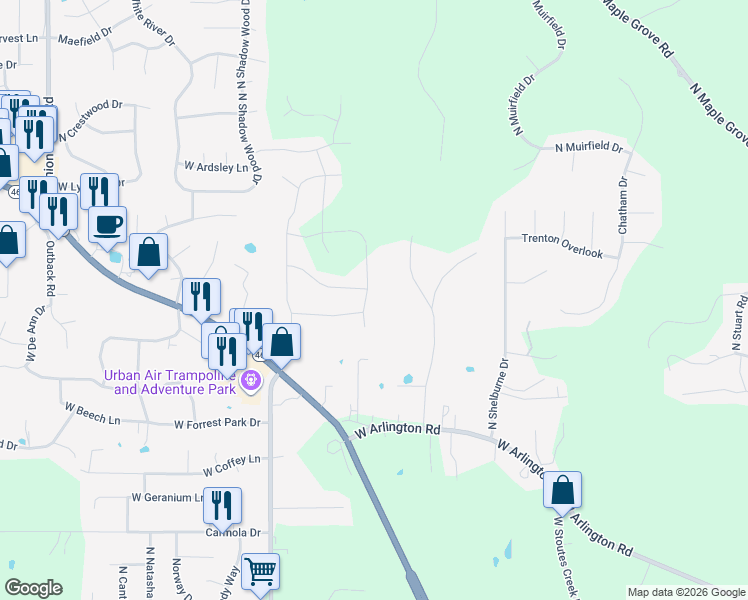 map of restaurants, bars, coffee shops, grocery stores, and more near 3907 North Sugar Lane in Bloomington