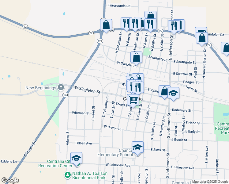 map of restaurants, bars, coffee shops, grocery stores, and more near 108 Pioneer Court in Centralia
