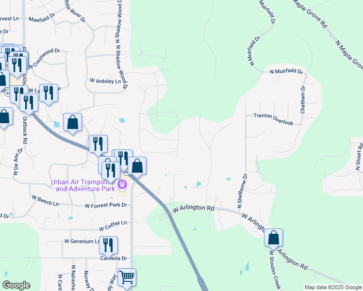 map of restaurants, bars, coffee shops, grocery stores, and more near 3907 North Sugar Lane in Bloomington