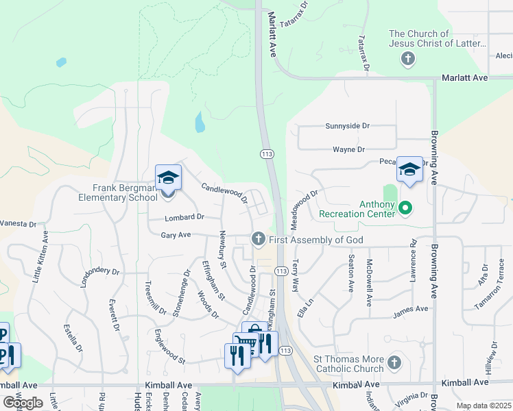 map of restaurants, bars, coffee shops, grocery stores, and more near 2588 Candlecrest Circle in Manhattan