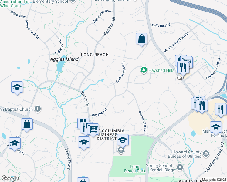 map of restaurants, bars, coffee shops, grocery stores, and more near 8611 Open Meadow Way in Columbia
