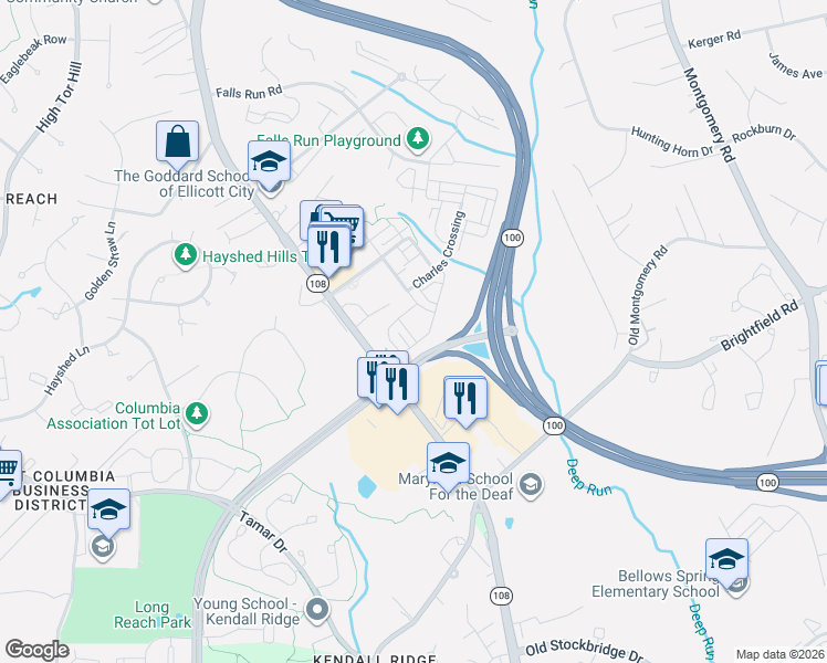 map of restaurants, bars, coffee shops, grocery stores, and more near 5810 Lois Lane in Ellicott City