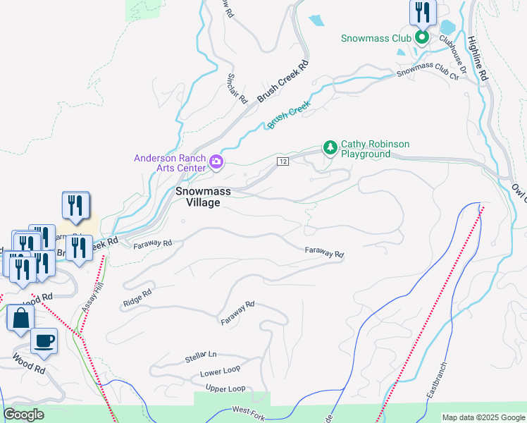 map of restaurants, bars, coffee shops, grocery stores, and more near 20 Meadow Ranch Road in Aspen