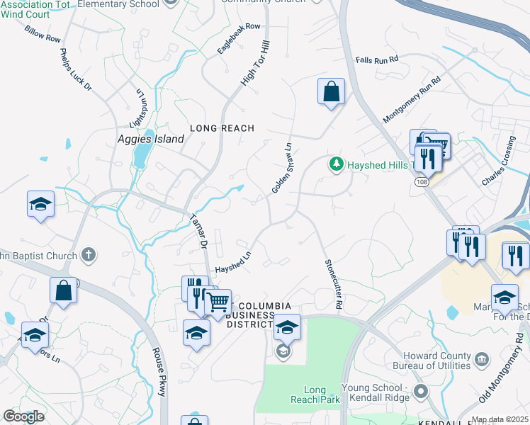 map of restaurants, bars, coffee shops, grocery stores, and more near 8611 Open Meadow Way in Columbia