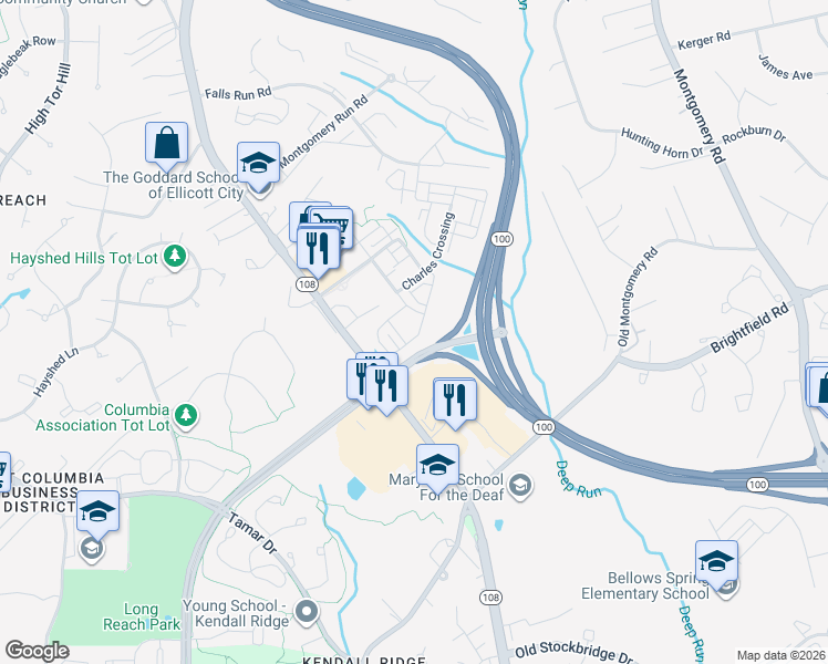 map of restaurants, bars, coffee shops, grocery stores, and more near 5970 Logans Way in Ellicott City