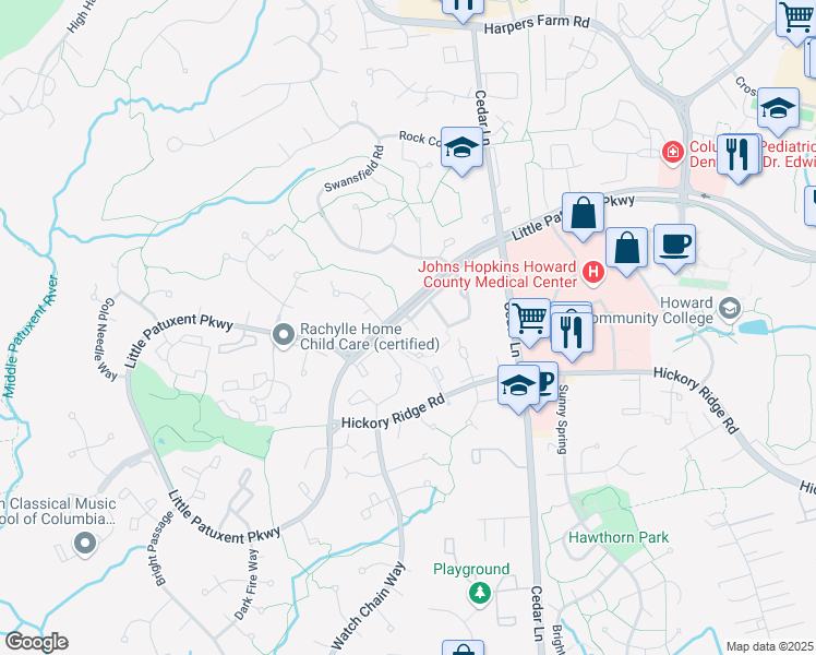 map of restaurants, bars, coffee shops, grocery stores, and more near 11239 Slalom Lane in Columbia