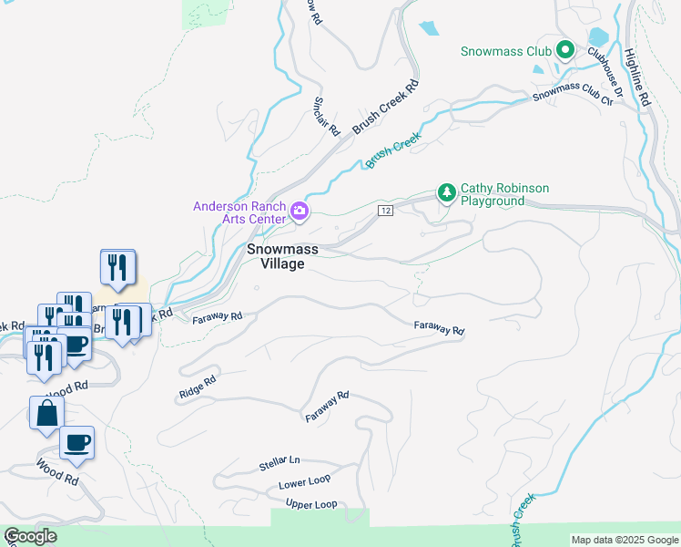 map of restaurants, bars, coffee shops, grocery stores, and more near 28-56 Meadow Ranch Road in Aspen