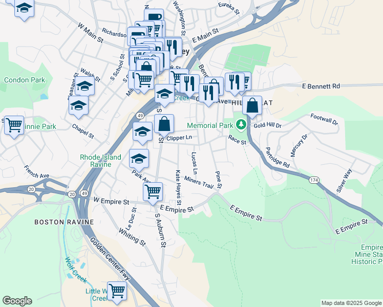 map of restaurants, bars, coffee shops, grocery stores, and more near 150 Race Street in Grass Valley