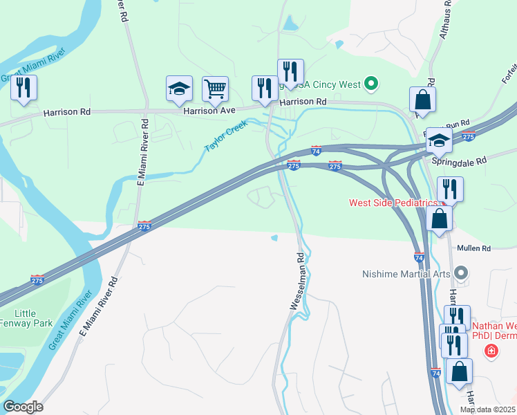 map of restaurants, bars, coffee shops, grocery stores, and more near 7510 Country Village Drive in Cleves
