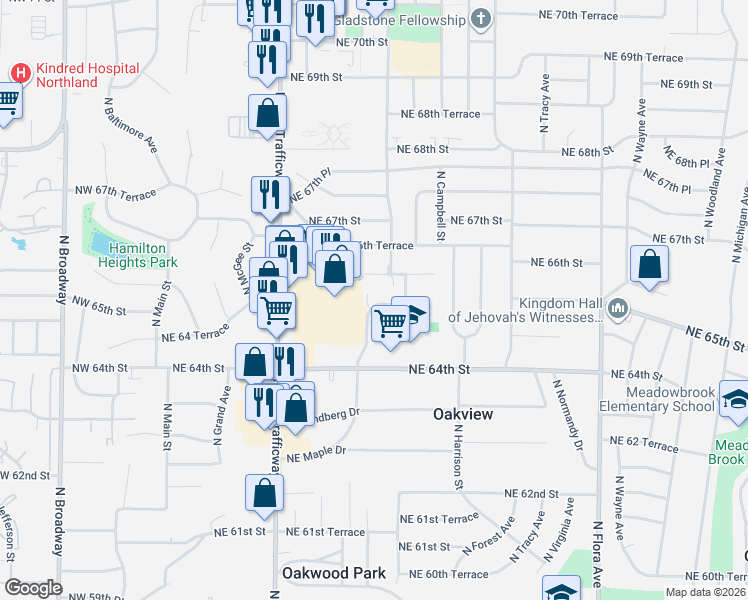 map of restaurants, bars, coffee shops, grocery stores, and more near 683 Northeast 66th Street in Gladstone