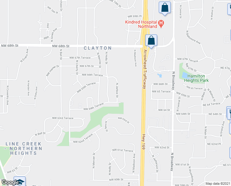 map of restaurants, bars, coffee shops, grocery stores, and more near 6501 North Jarboe Street in Kansas City