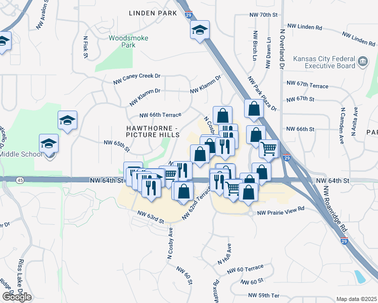 map of restaurants, bars, coffee shops, grocery stores, and more near 6460 North Cosby Avenue in Kansas City