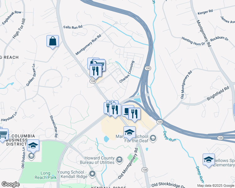 map of restaurants, bars, coffee shops, grocery stores, and more near Lois Lane in Ellicott City