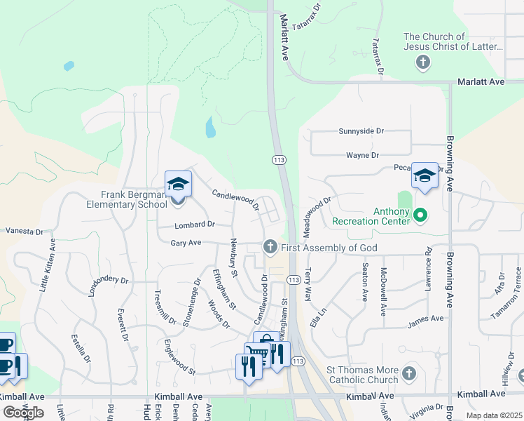 map of restaurants, bars, coffee shops, grocery stores, and more near 2600 Candlewood Drive in Manhattan