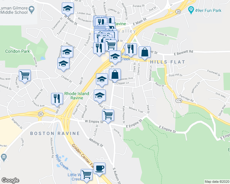 map of restaurants, bars, coffee shops, grocery stores, and more near 417 South Auburn Street in Grass Valley