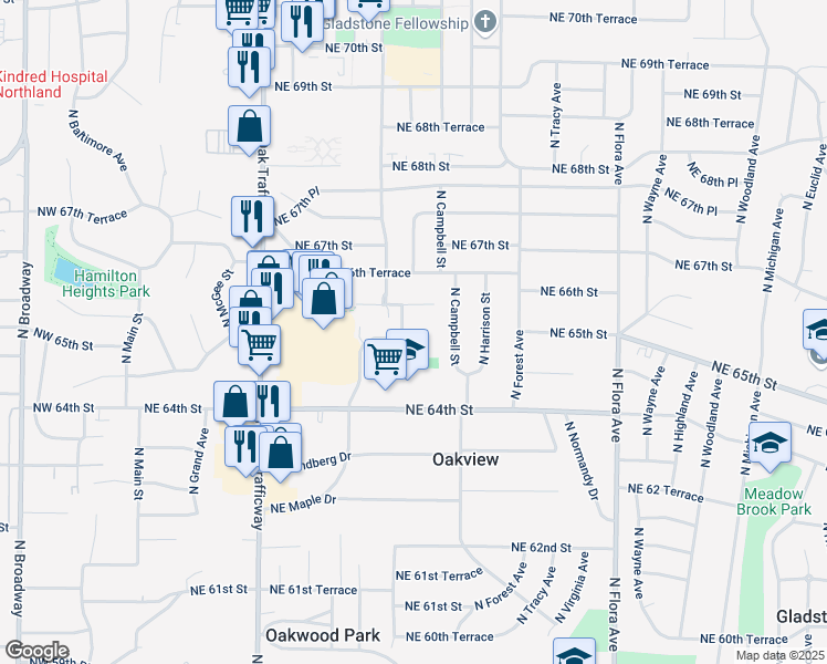 map of restaurants, bars, coffee shops, grocery stores, and more near 6581 North Charlotte Street in Gladstone