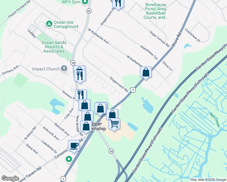 map of restaurants, bars, coffee shops, grocery stores, and more near 1526 Stagecoach Road in Ocean View