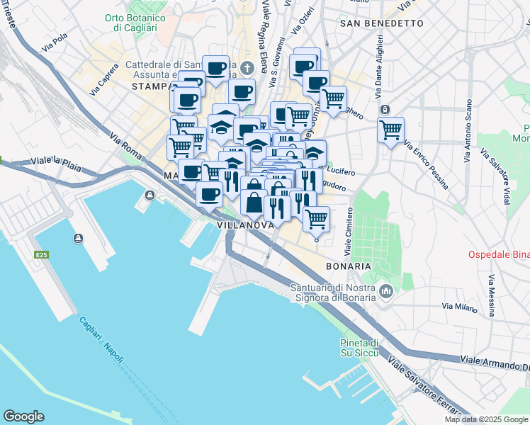 map of restaurants, bars, coffee shops, grocery stores, and more near 39 Via XX Settembre in Cagliari