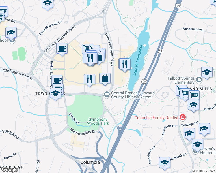 map of restaurants, bars, coffee shops, grocery stores, and more near 10400 Little Patuxent Parkway in Columbia