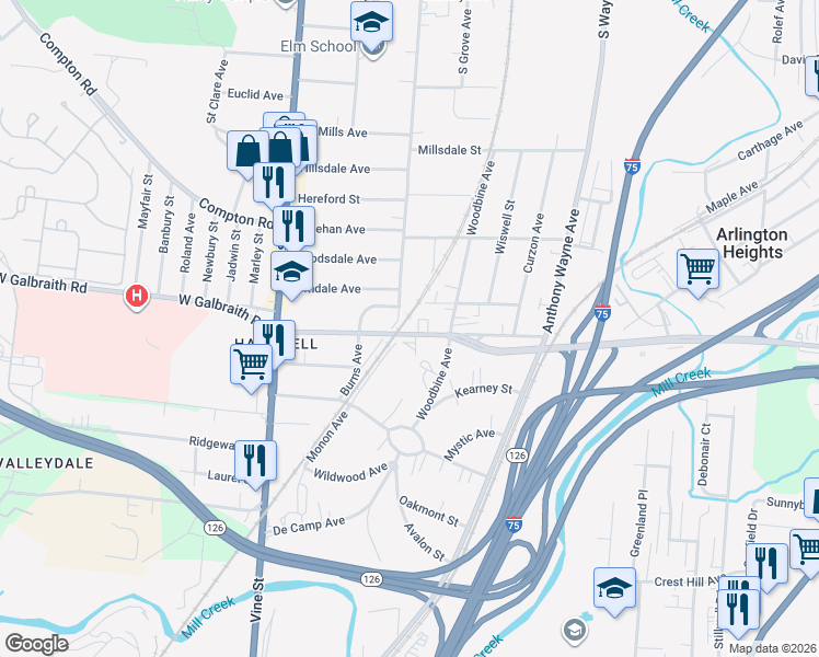 map of restaurants, bars, coffee shops, grocery stores, and more near 8321 Burns Court in Cincinnati