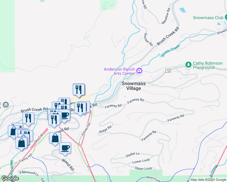 map of restaurants, bars, coffee shops, grocery stores, and more near 35 Lower Woodbridge Road in Snowmass Village