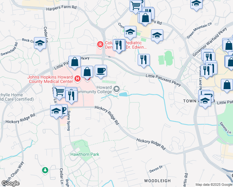 map of restaurants, bars, coffee shops, grocery stores, and more near 10901 Little Patuxent Parkway in Columbia