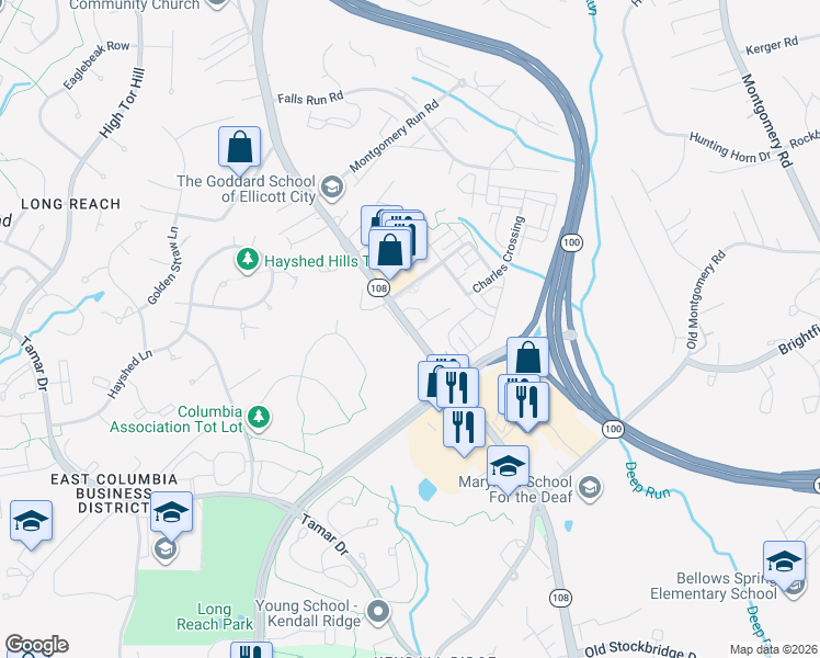 map of restaurants, bars, coffee shops, grocery stores, and more near 5817 Waterloo Road in Columbia