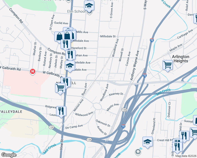map of restaurants, bars, coffee shops, grocery stores, and more near 8321 Burns Court in Cincinnati