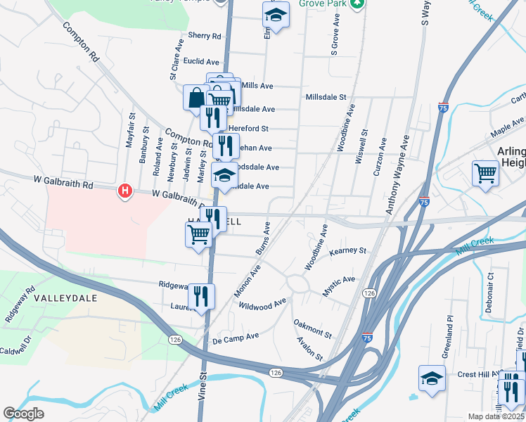 map of restaurants, bars, coffee shops, grocery stores, and more near 8309 Burns Avenue in Cincinnati
