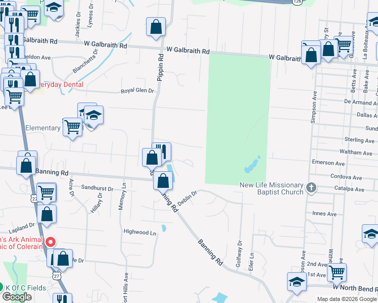 map of restaurants, bars, coffee shops, grocery stores, and more near 2378 Clover Crest Drive in Cincinnati