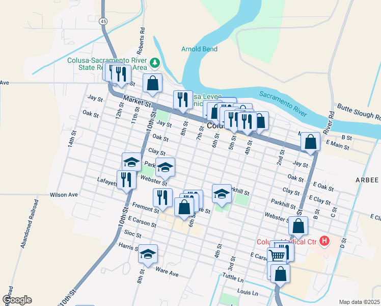 map of restaurants, bars, coffee shops, grocery stores, and more near 342 7th Street in Colusa