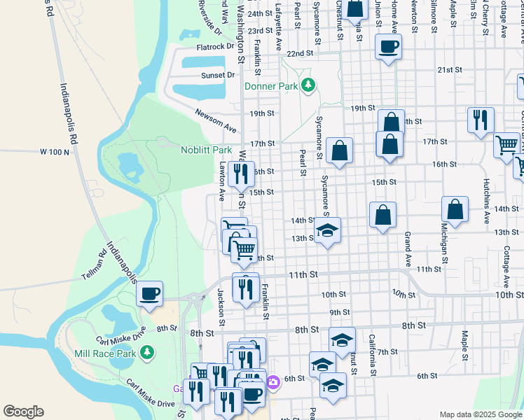 map of restaurants, bars, coffee shops, grocery stores, and more near Franklin Street in Columbus
