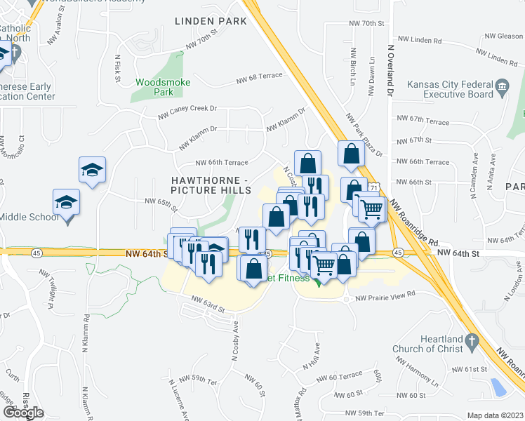 map of restaurants, bars, coffee shops, grocery stores, and more near 6460 North Cosby Avenue in Kansas City