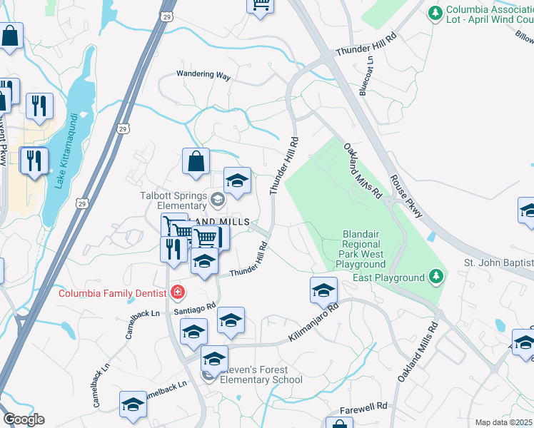 map of restaurants, bars, coffee shops, grocery stores, and more near 5764 Thunder Hill Road in Columbia