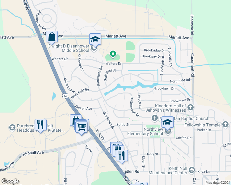 map of restaurants, bars, coffee shops, grocery stores, and more near 2710 Buttonwood Drive in Manhattan