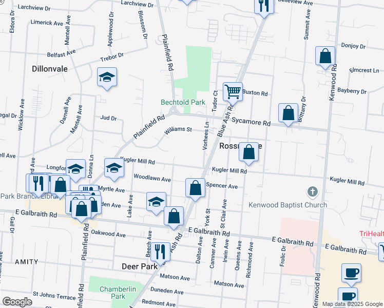 map of restaurants, bars, coffee shops, grocery stores, and more near 8476 Beech Avenue in Cincinnati