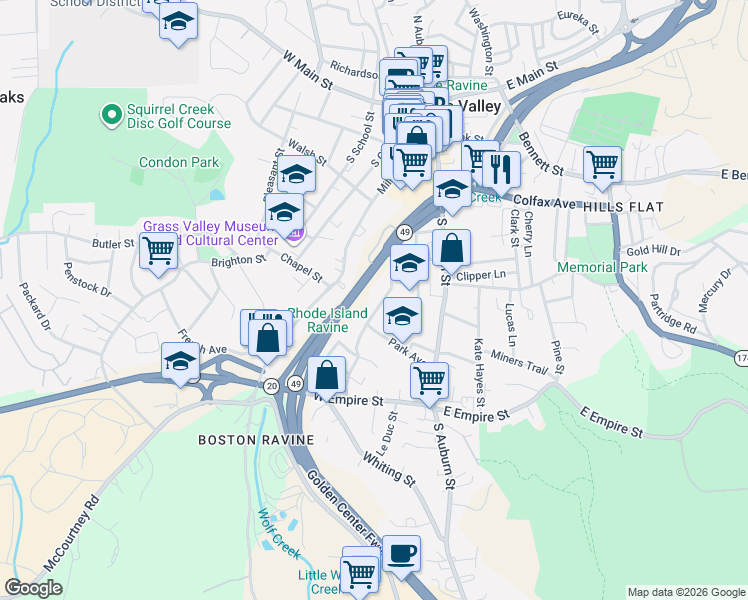 map of restaurants, bars, coffee shops, grocery stores, and more near 334 1/2 Marshall Street in Grass Valley