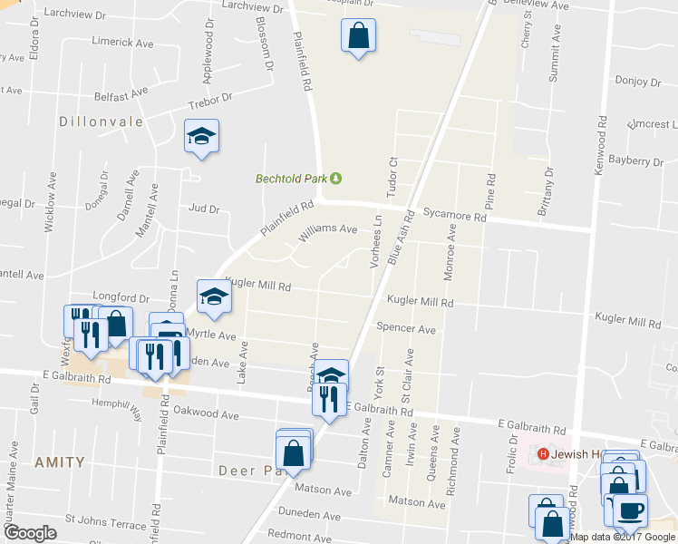 map of restaurants, bars, coffee shops, grocery stores, and more near 8467 Beech Avenue in Cincinnati