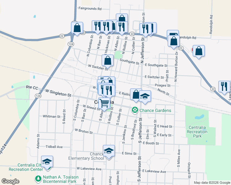 map of restaurants, bars, coffee shops, grocery stores, and more near 198 North Rollins Street in Centralia