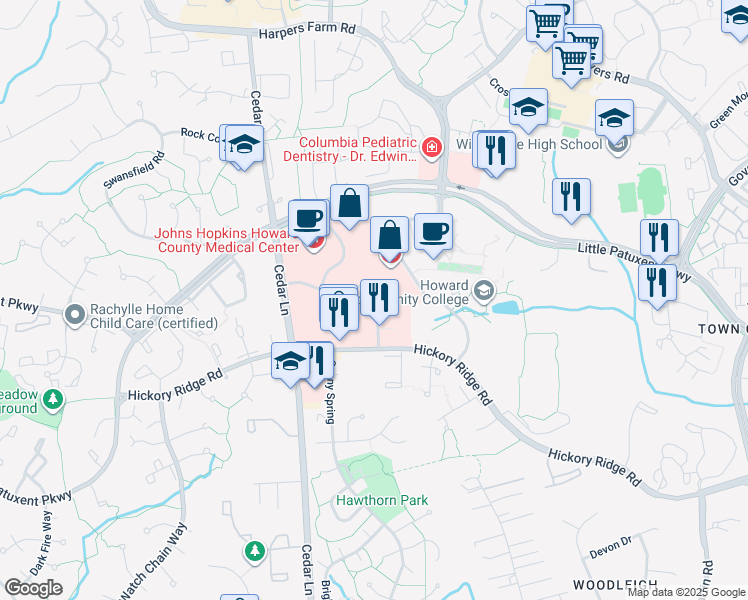 map of restaurants, bars, coffee shops, grocery stores, and more near 10774 Charter Drive in Columbia