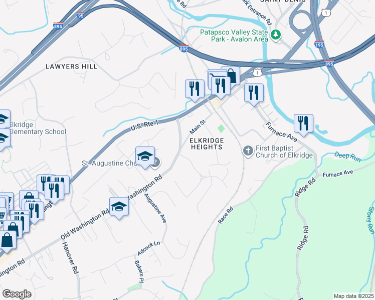 map of restaurants, bars, coffee shops, grocery stores, and more near 5943 Old Washington Road in Elkridge