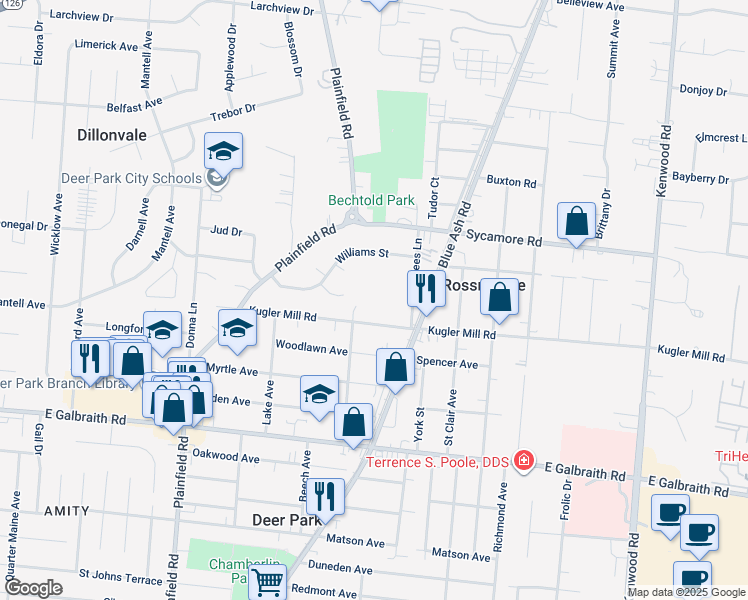 map of restaurants, bars, coffee shops, grocery stores, and more near 8470 Beech Avenue in Cincinnati